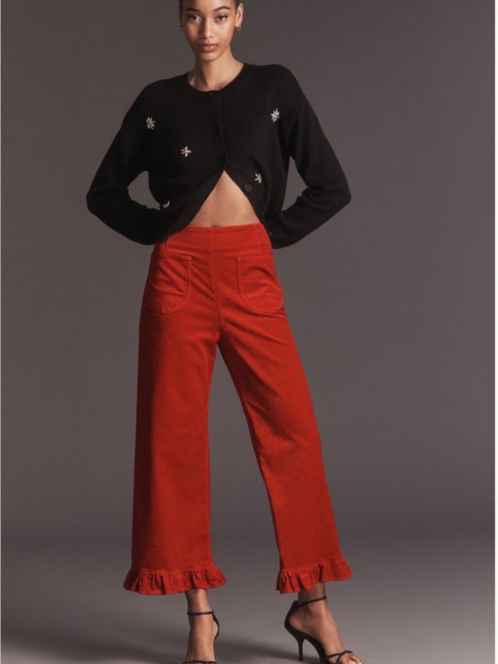Maeve Red Ruffle-Hem Cropped Wide-Leg Pants - Picture 3 of 7